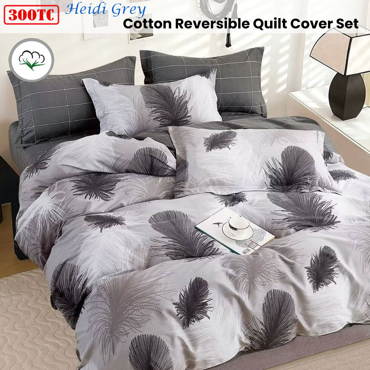 300TC Heidi Grey Reversible Cotton Quilt Cover Set King