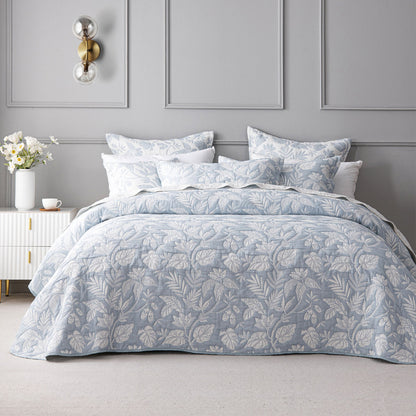 Bianca Laurieton Blue Jacquard Botanical Bedspread Set Double