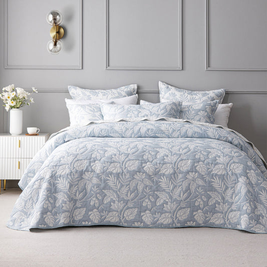 Bianca Laurieton Blue Jacquard Botanical Bedspread Set Double