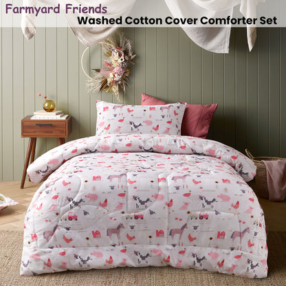Happy Kids Farmyard Friends 2 Piece Washed Cotton Cover Comforter Set Single 160cm x 220cm