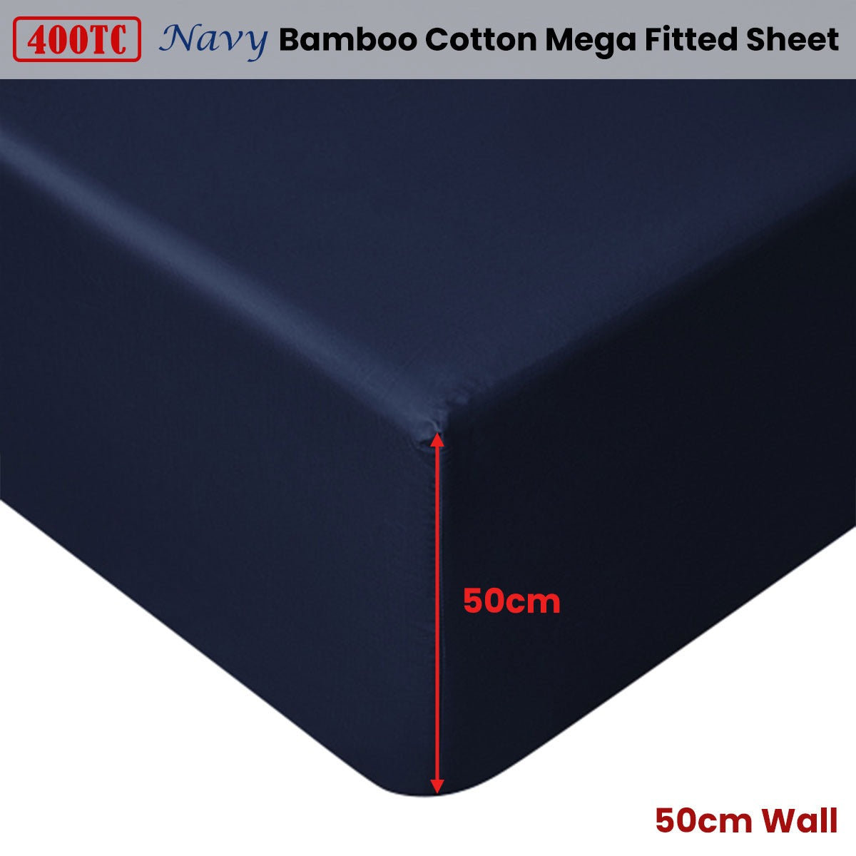 Accessorize Navy Bamboo Cotton Mega Fitted Sheet 50cm Wall Queen