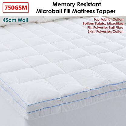 Cloudland 750GSM Memory Resistant Microball Fill Mattress Topper Single