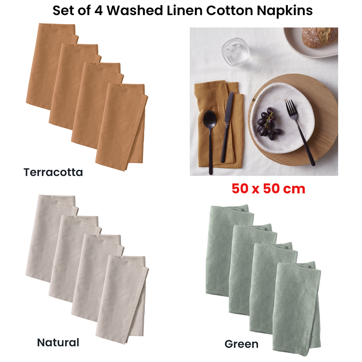 Vintage Design Homewares Set of 4 Washed Linen Cotton Square Napkins Natural 50cm x 50cm