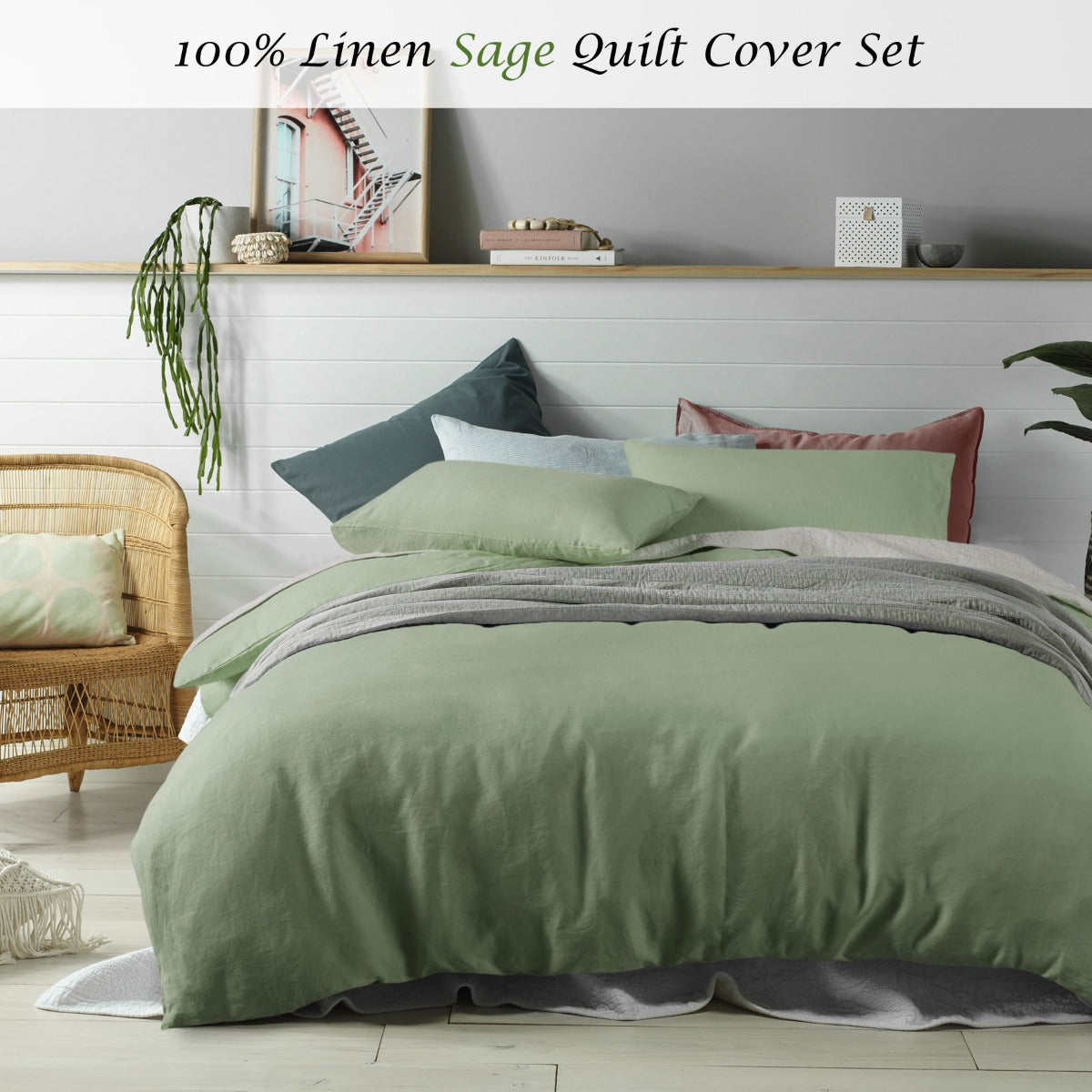 Accessorize 100% Linen Sage Quilt Cover Set King