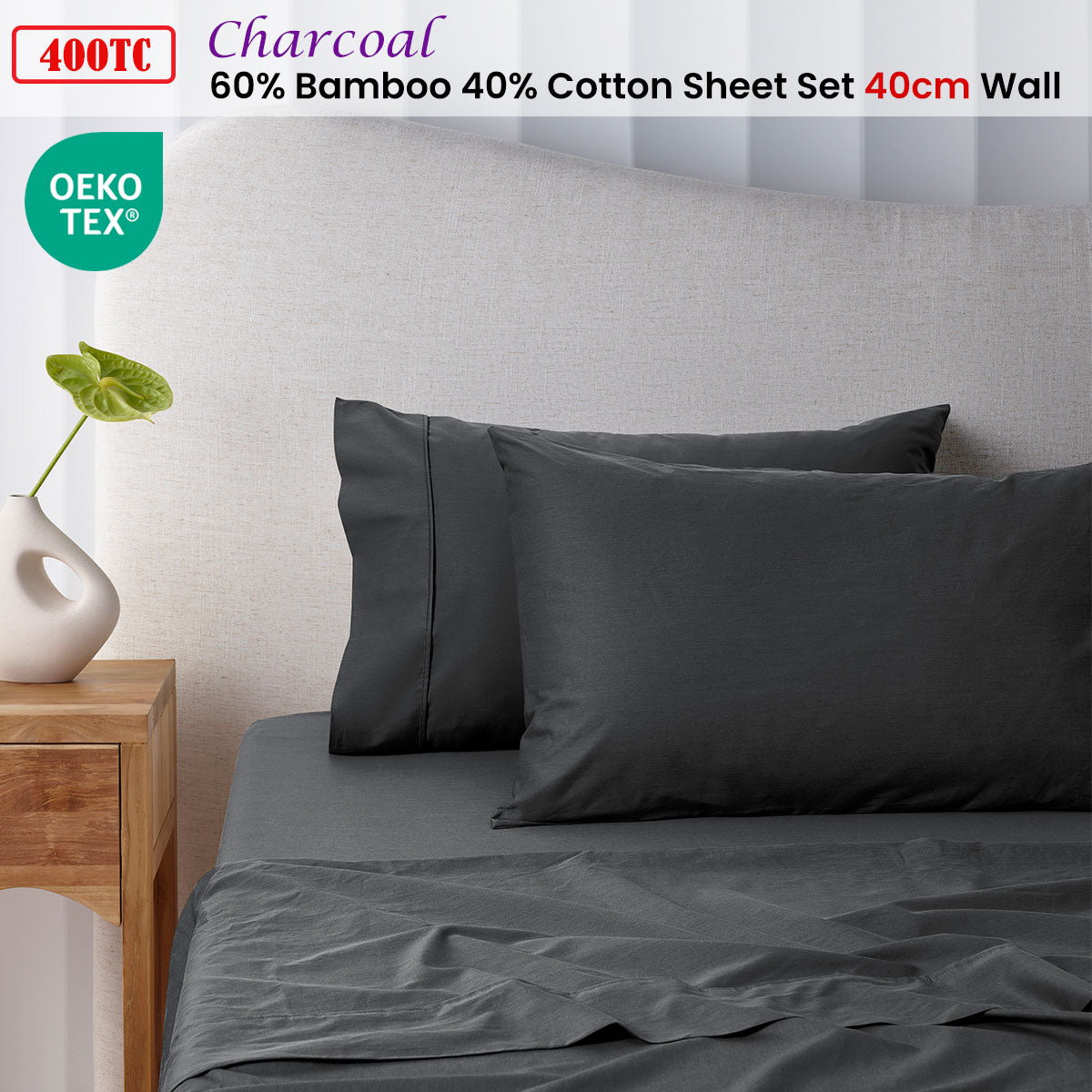 Accessorize 400TC Charcoal Bamboo Cotton Sheet Set 40cm Wall Queen