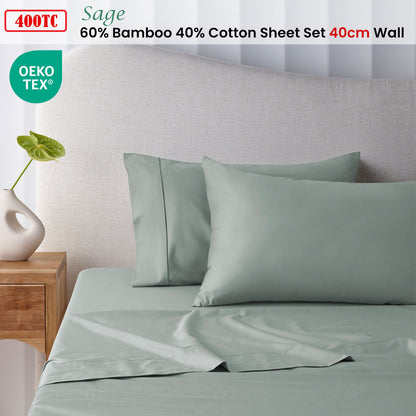 Accessorize 400TC Sage Bamboo Cotton Sheet Set 40cm Wall Double