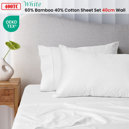 Accessorize 400TC White Bamboo Cotton Sheet Set 40cm Wall Queen