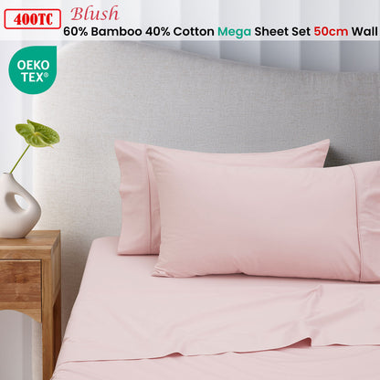 Accessorize 400TC Blush Bamboo Cotton Mega / Super Sheet Set 50cm Wall King