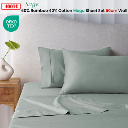 Accessorize 400TC Sage Bamboo Cotton Mega / Super Sheet Set 50cm Wall Queen