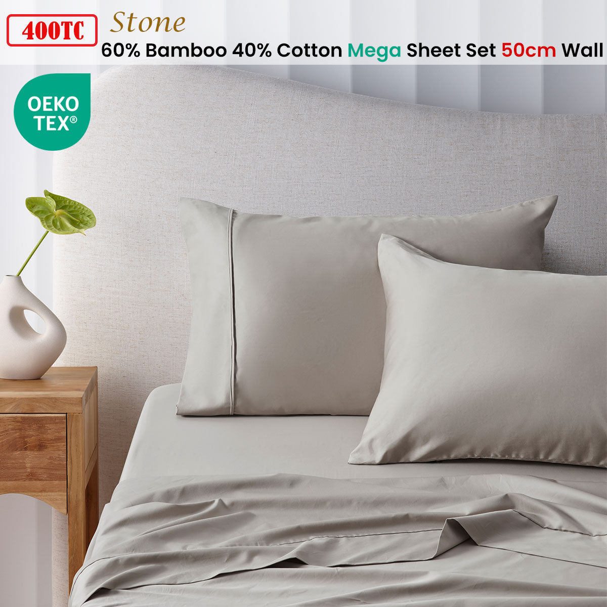 Accessorize 400TC Stone Bamboo Cotton Mega / Super Sheet Set 50cm Wall Super King