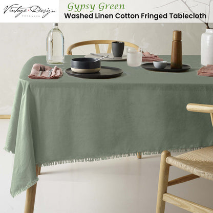 Vintage Design Homewares Gypsy Green Fringed Washed Linen Cotton Tablecloth 150cm x 275cm