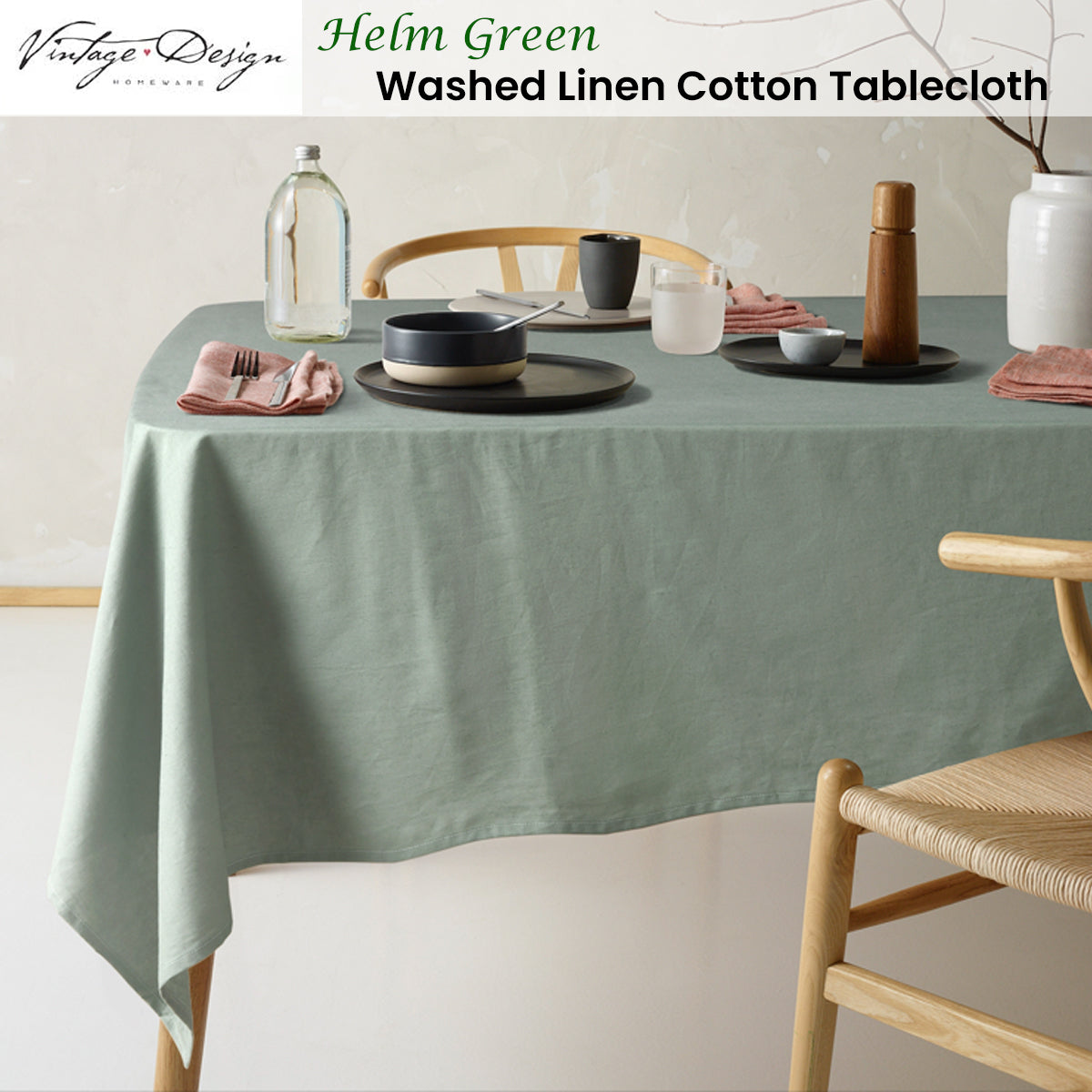 Vintage Design Homewares Helm Green Washed Linen Cotton Tablecloth 130cm x 180cm