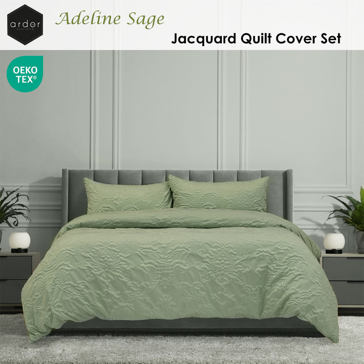 Ardor Adeline Sage Jacquard Damask Quilt Cover Set King