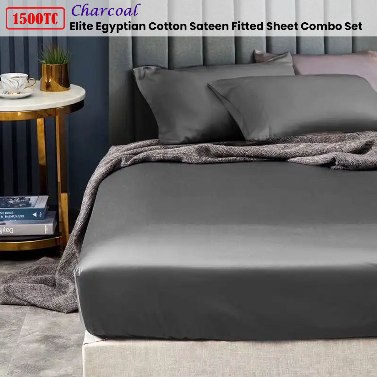 Ramesses 1500TC Elite Egyptian Cotton Sateen Fitted Sheet Combo Set Charcoal Double