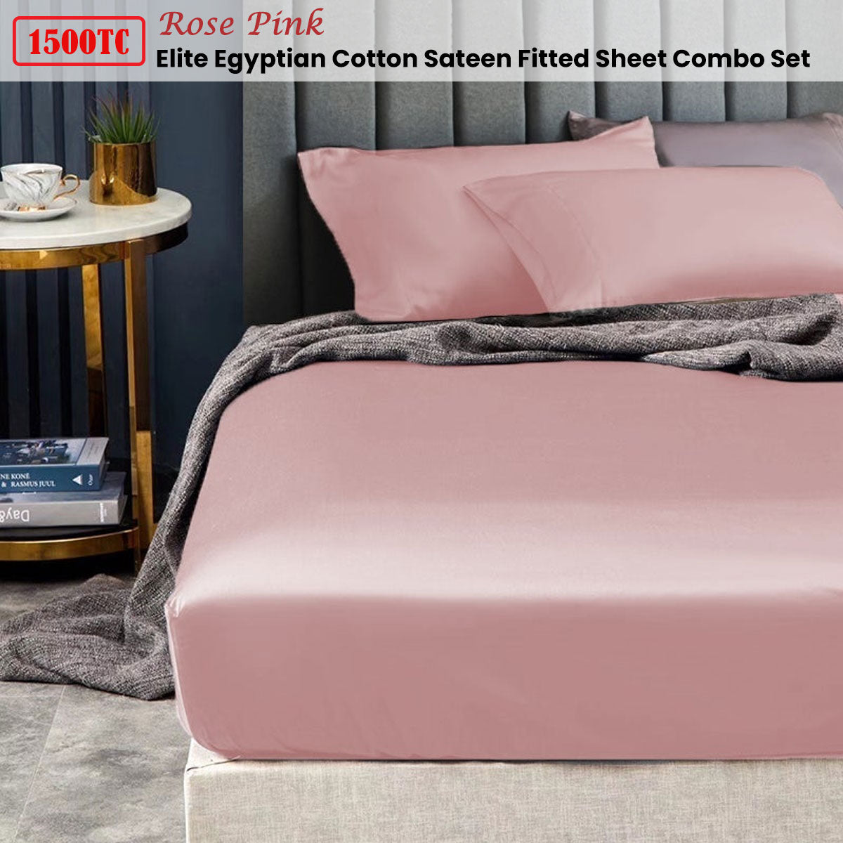 Ramesses 1500TC Elite Egyptian Cotton Sateen Fitted Sheet Combo Set Rose Pink King