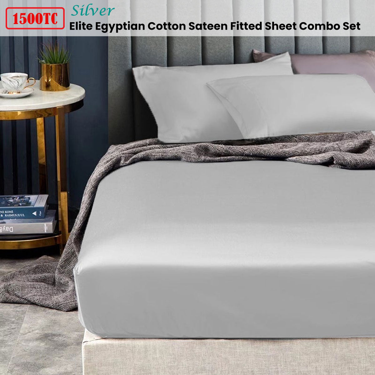 Ramesses 1500TC Elite Egyptian Cotton Sateen Fitted Sheet Combo Set Silver Single