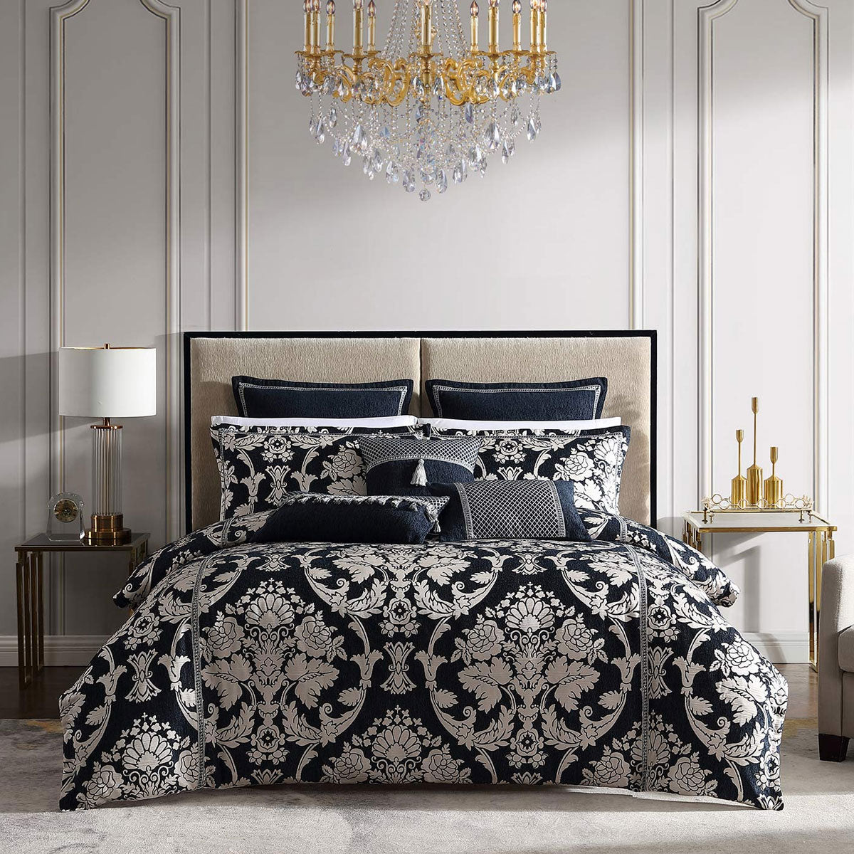 Davinci Coronet Ink Damask Motifs Woven Quilt Cover Set Super King