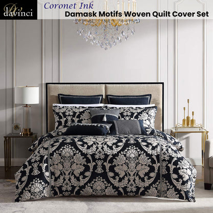 Davinci Coronet Ink Damask Motifs Woven Quilt Cover Set Super King