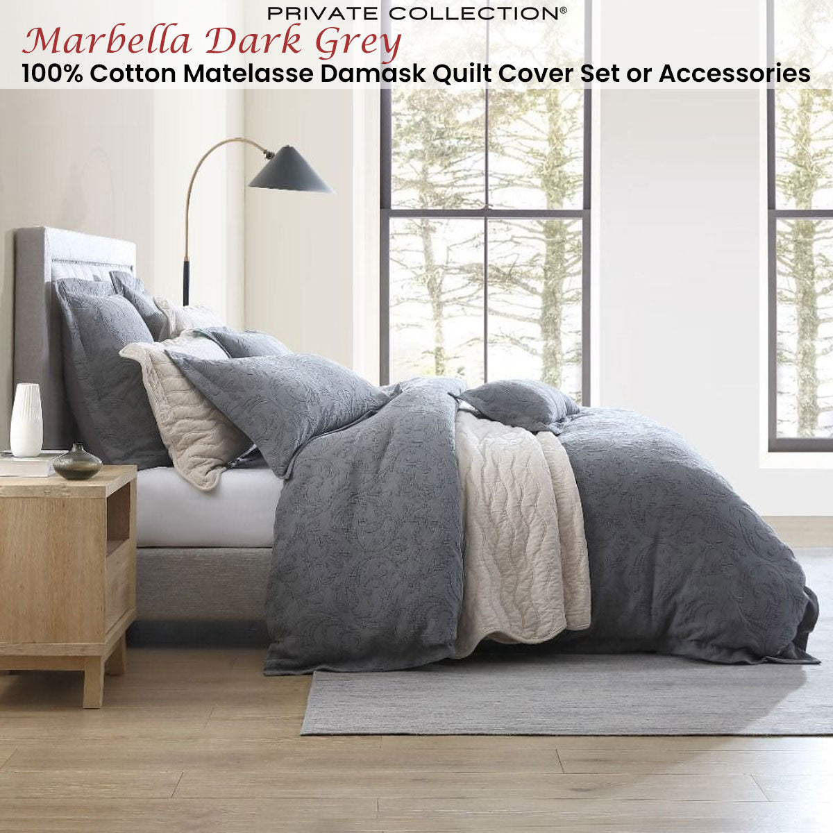 Private Collection Marbella Dark Grey 100% Cotton Matelasse Quilt Cover Set King