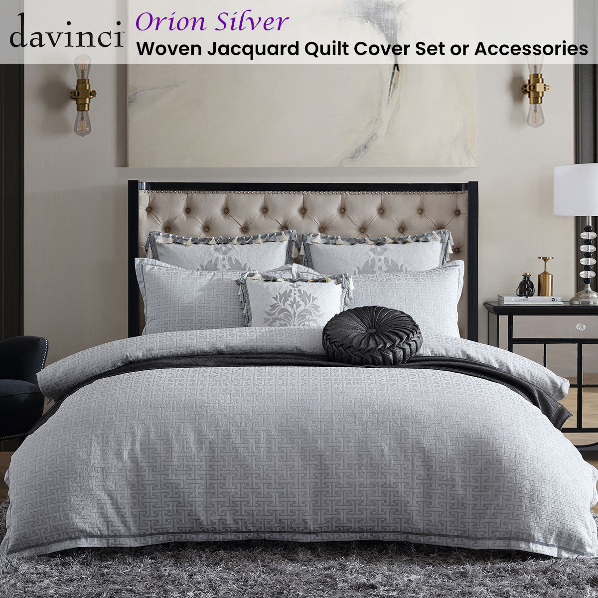 Davinci Orion Silver Woven Jacquard Quilt Cover Set Queen