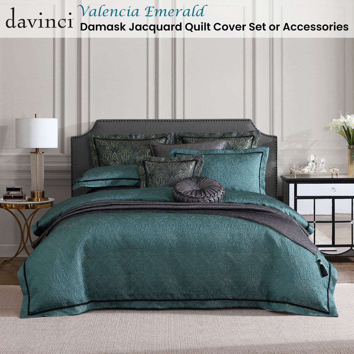 Davinci Valencia Emerald Damask Jacquard Quilt Cover Set Queen