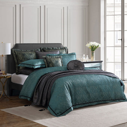 Davinci Valencia Emerald Damask Jacquard Quilt Cover Set Queen