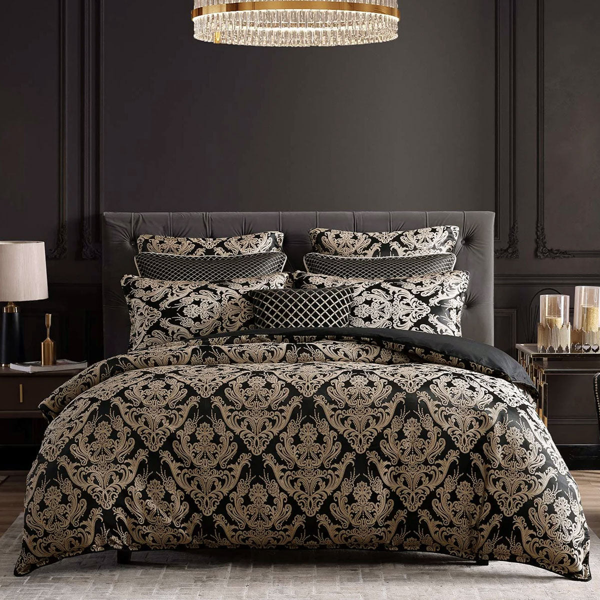 Davinci Vercelli Noir Bold Italianesque Motifs Adorn Robed Finish Quilt Cover Set King