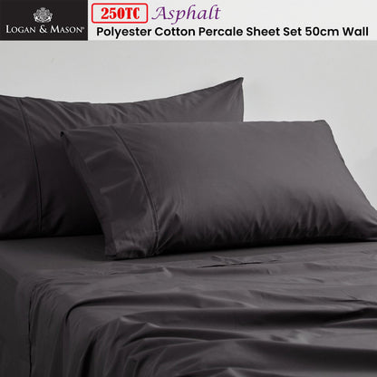 Logan and Mason 250TC 50% Polyester 50% Cotton Percale Sheet Set Asphalt 50cm Wall Double