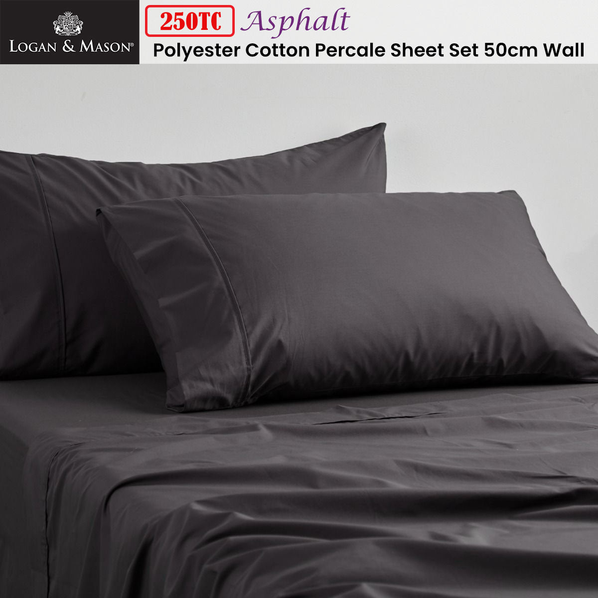 Logan and Mason 250TC 50% Polyester 50% Cotton Percale Sheet Set Asphalt 50cm Wall King Single