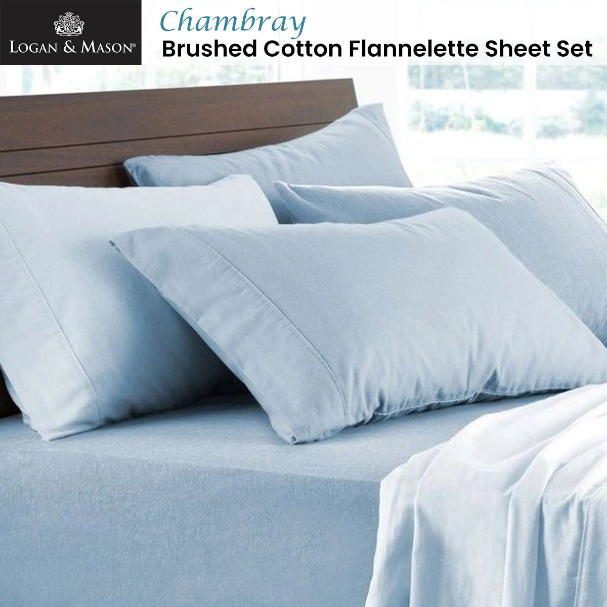 Logan and Mason Soft Brushed Cotton Flannelette Sheet Set Chambray 40cm Wall Queen