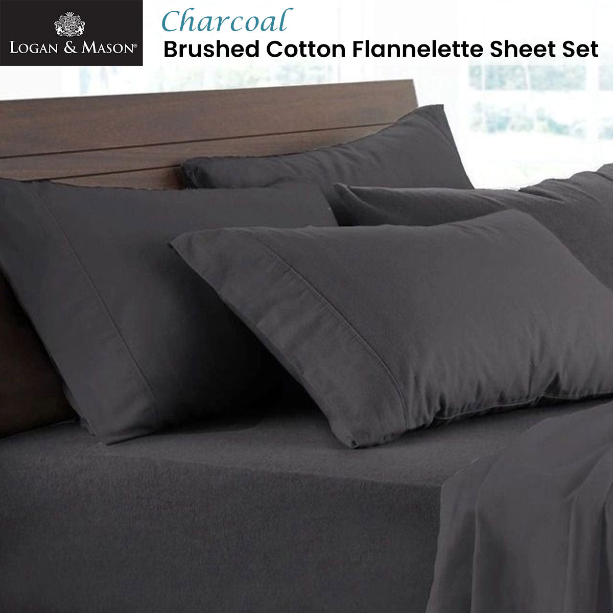 Logan and Mason Soft Brushed Cotton Flannelette Sheet Set Charcoal 40cm Wall King