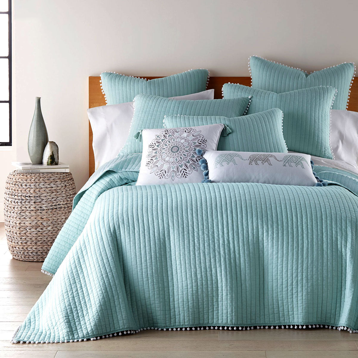 Jenny Mclean Clavo Pompom Blue 3 Piece 100% Cotton Coverlet Set Super King