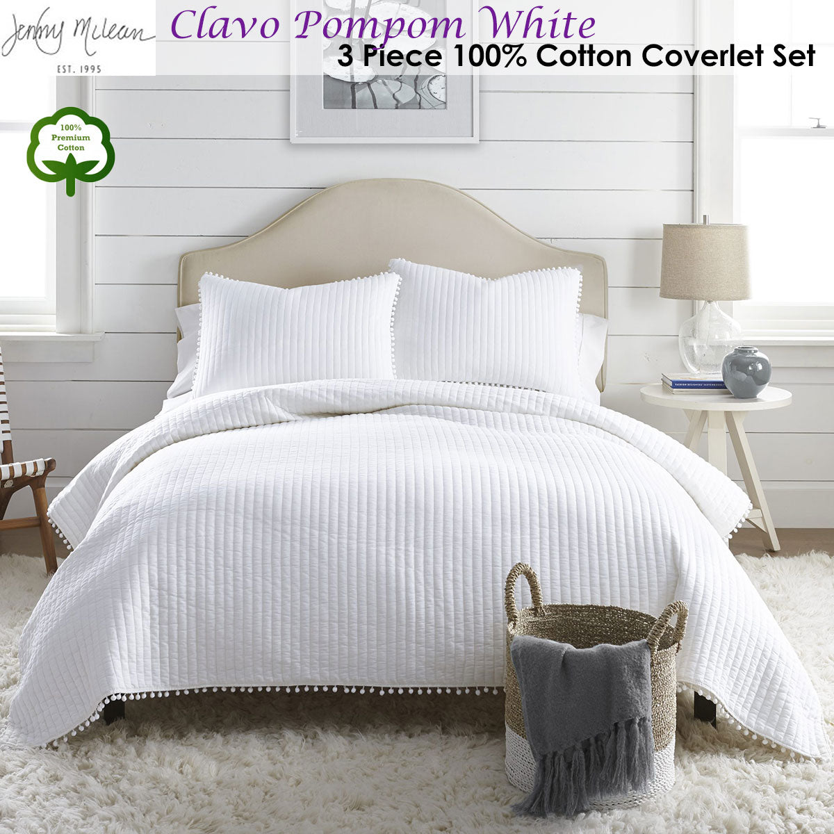 Jenny Mclean Clavo Pompom White 3 Piece 100% Cotton Coverlet Set Super King