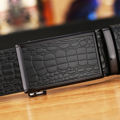 Genuine Cowhide Embossed with Crocodile Pattern Belt  Luxury Business Automatic Belts (Black)