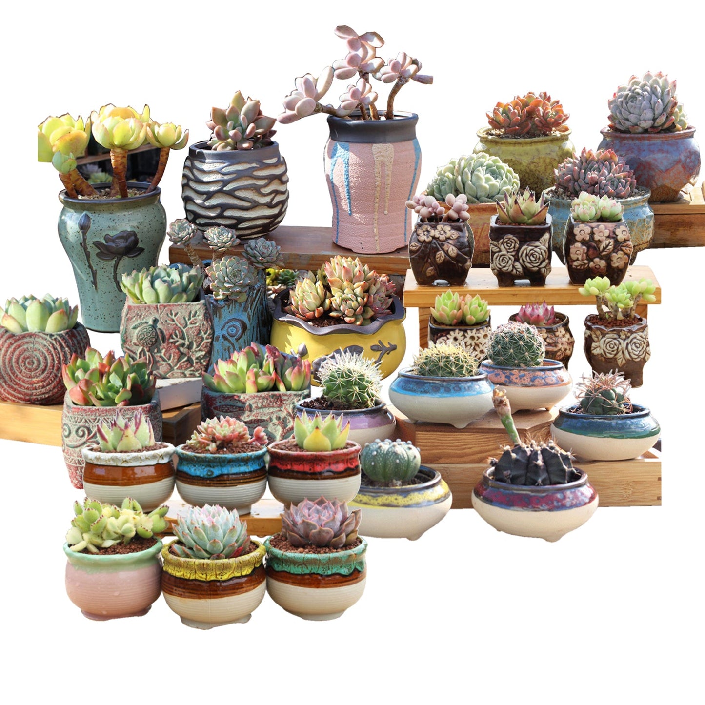 4/5/6 Pots Set Ceramic Clay Pottery Pots Succulent Flower Planter Draining Hole(Style 06# 6 Pots Set)