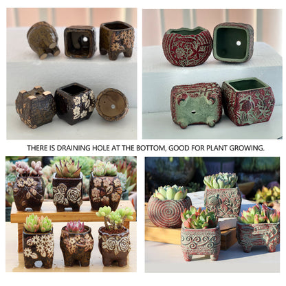 4/5/6 Pots Set Ceramic Clay Pottery Pots Succulent Flower Planter Draining Hole(Style 06# 6 Pots Set)