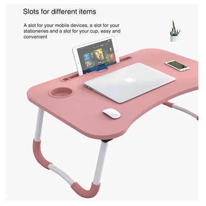 Foldable Desk Laptop Stand Table Bed Computer Study Adjustable Portable Cup Slot(White)