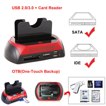 All In One Docking Station USB Dual-Bay Hard Drive 2.5" 3.5" IDE SATA SSD Card Reader