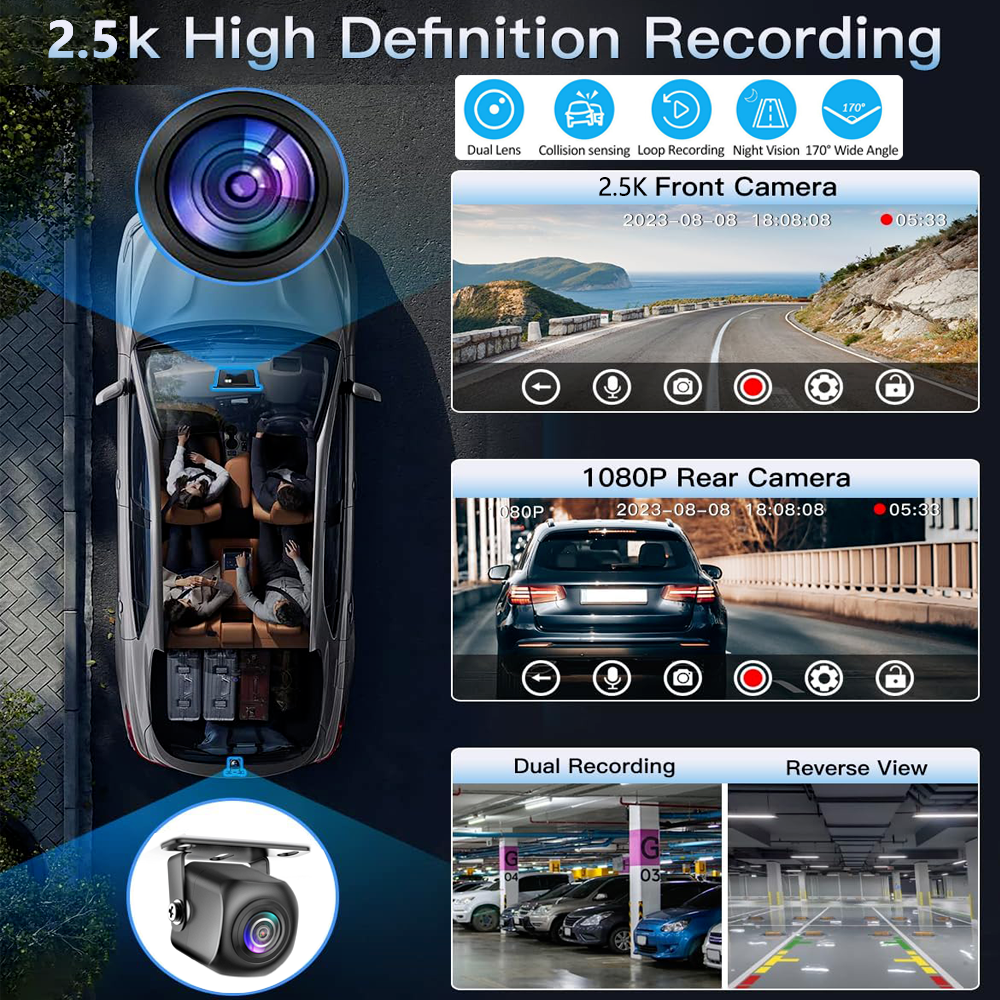 10.26" Wireless Apple Android Carplay Dual Dash Cam Front Rear Camera with 64G Card