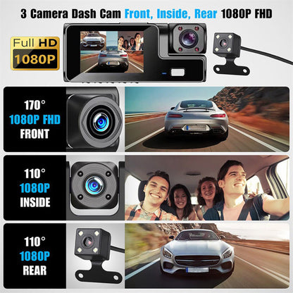 WIFI 3 Channels Dash Cam 1080P Full HD Car Dashcam with Hardwire Kit and 32GB Card