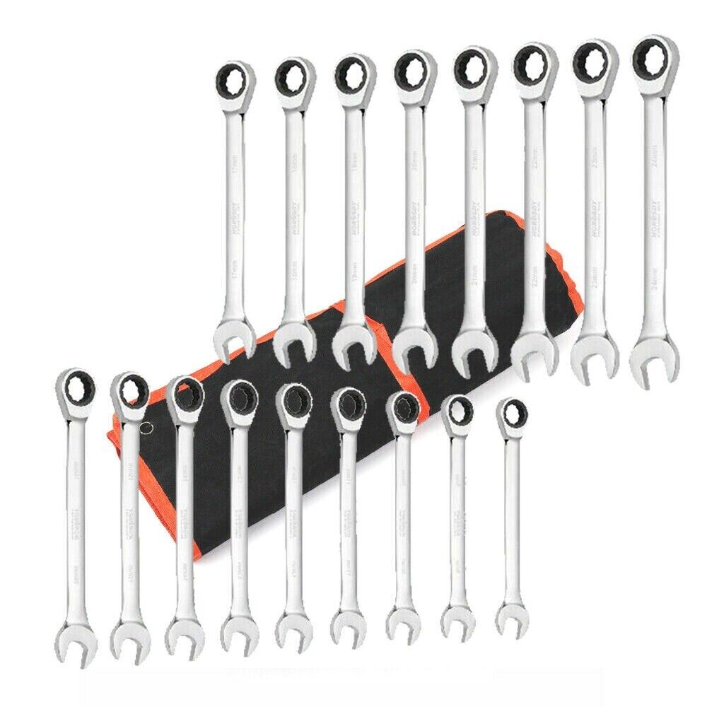 17Pc Ratchet Spanner Set Metric Combination Wrenches Open End Ring CR-V 8-24mm