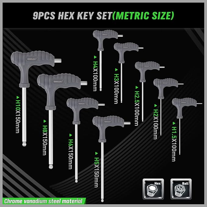 18-Piece T-Handle Allen Key Set, Inch/Metric Long Arm Ball End Hex Key Wrench Set, MM(1.5mm-10mm) SAE(1/16"-3/8")