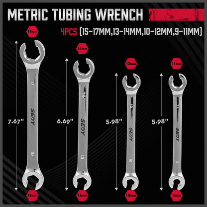 SEDY 4Pc Flare Nut Wrench Set Offset End Spanner Metric CR-V Steel Storage Pouch