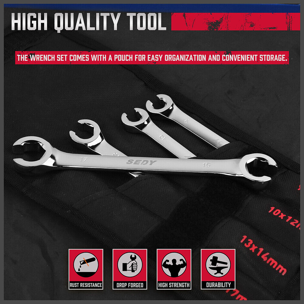 SEDY 4Pc Flare Nut Wrench Set Offset End Spanner Metric CR-V Steel Storage Pouch