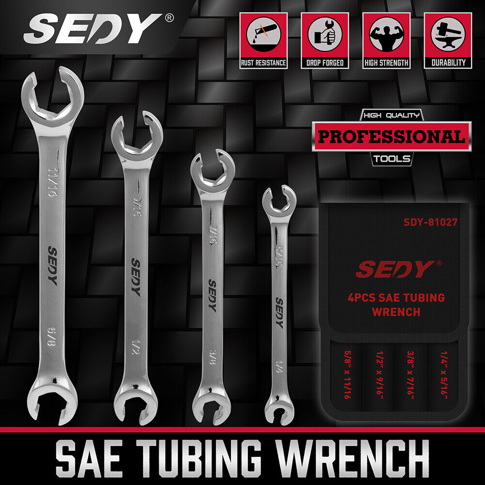 SEDY 4Pc Flare Nut Spanner Set SAE Brake Line Wrench Offset Head Organizer Pouch