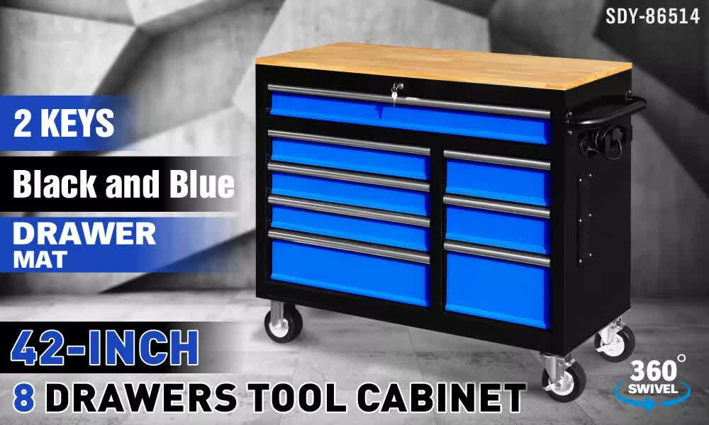 HORUSDY 42 inch 8 Drawer Tool Cabinet 1000 lbs Wood Top Power Strip Casters Blue