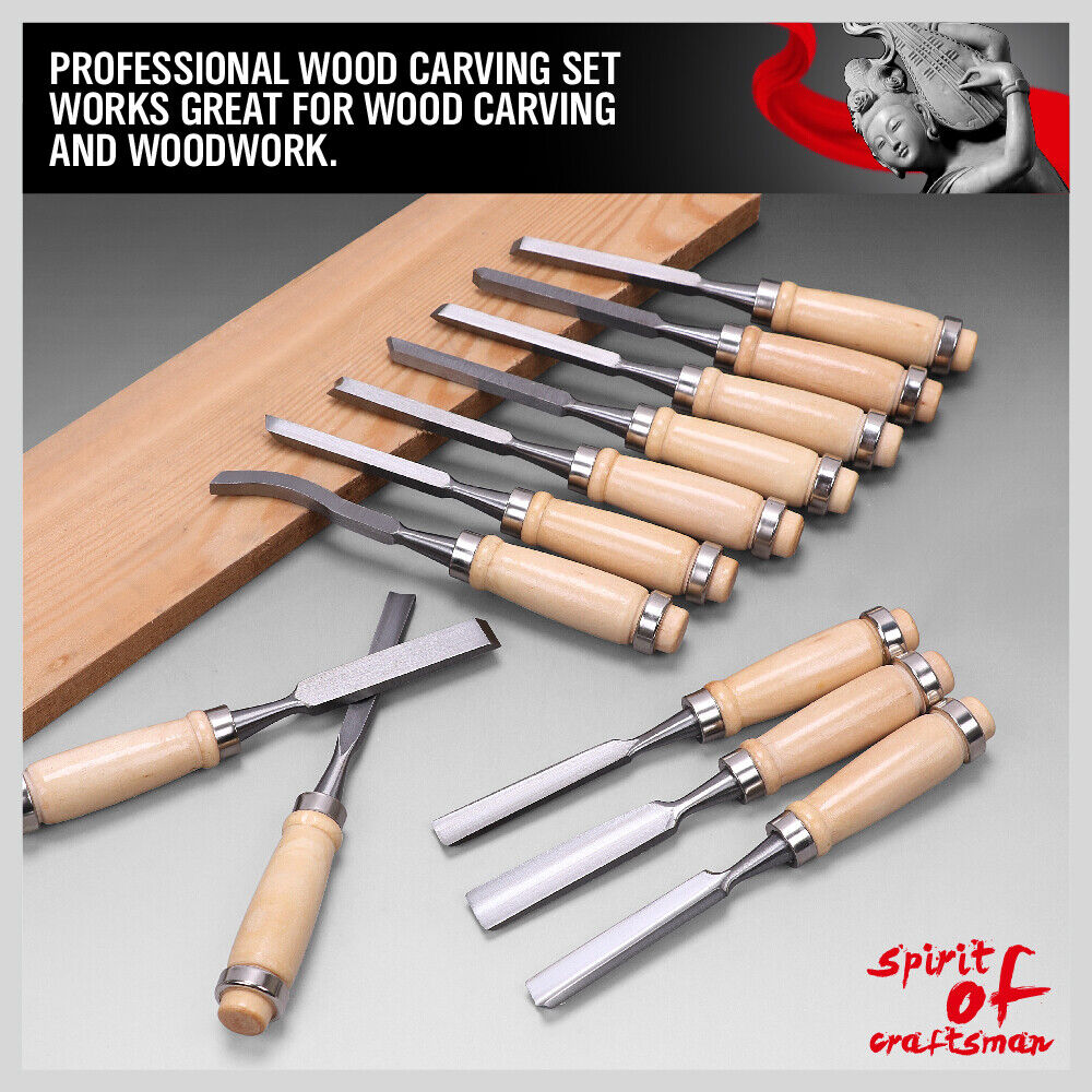 12Pc Wood Carving Chisel Set Knife High Carbon Steel Woodworking Rolling Pouch