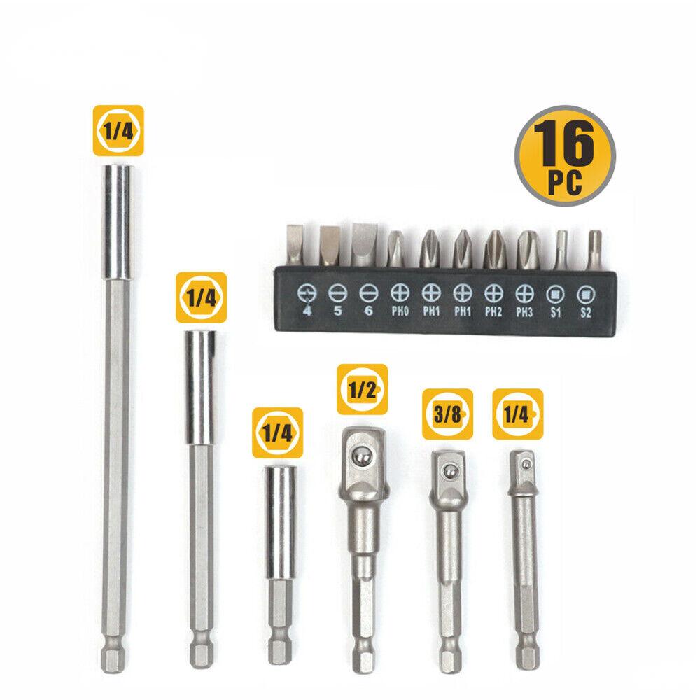 16Pc Socket Bit Adaptor Set Power Drill Nut Driver Extension Screwdriver Bits