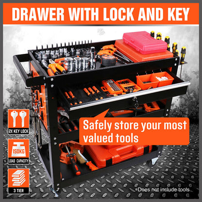 3-Tier Drawer Tool Storage Trolley Workshop Cart Steel Chest w/t Pegboard Hooks