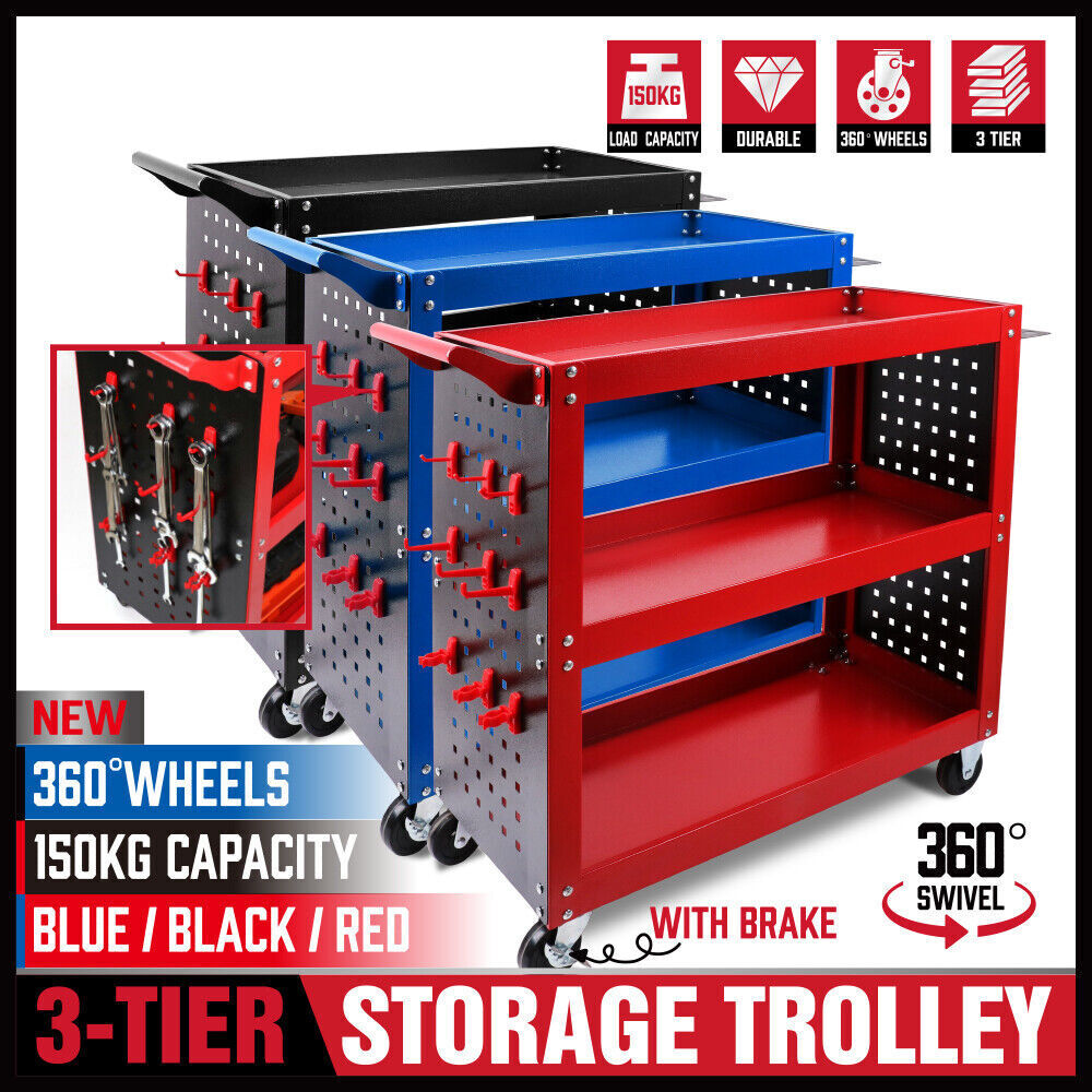 Red 3-Tier Tool Cart Storage Trolley Toolbox Workshop Garage Organiser 150kg Red